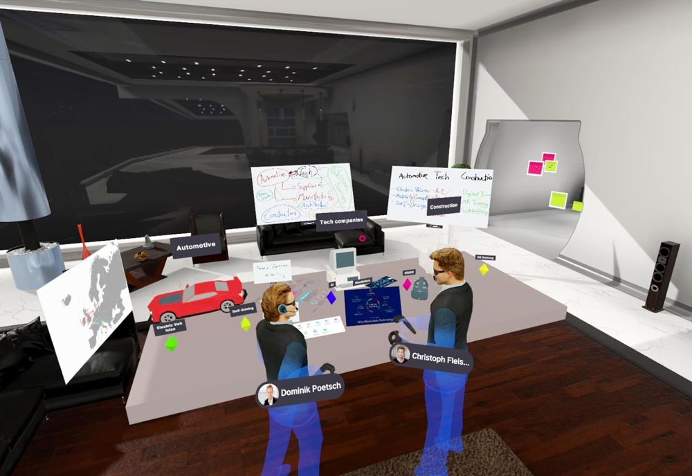 virtual reality room showing an automotive workshop