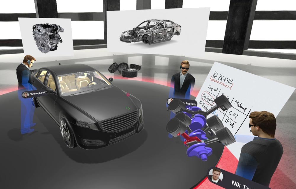 virtual reality space showing an automotive workshop